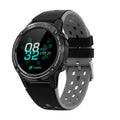 GPS smart sports watch with a silicone strap in blue on a wrist, showing a 49mm screen.