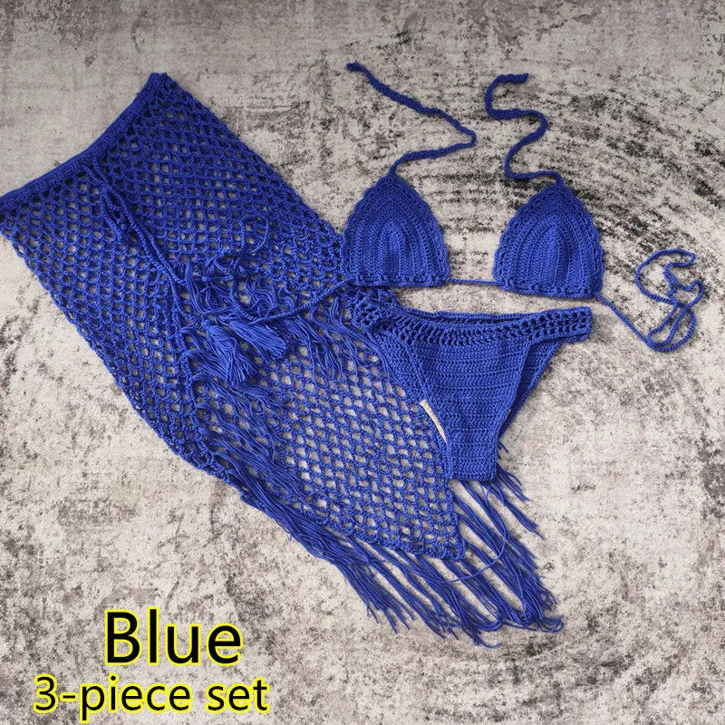 Women's handmade crochet three-piece bikini and beach skirt swimsuit set