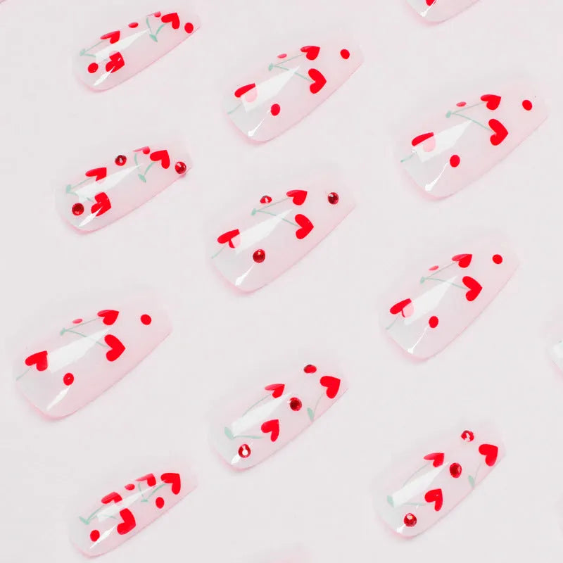 French Love Red Diamond nail art stickers with small cherry patterns in JP1601 colour, showing armour sheets and adhesive tube