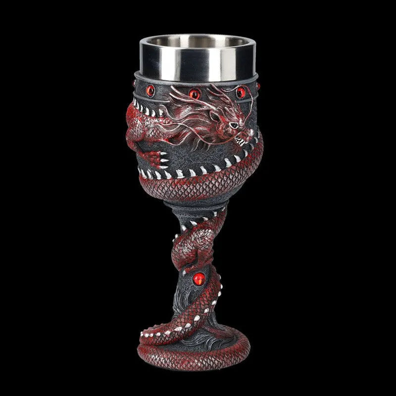 Red wine glass with Chinese dragon 3D resin decoration on stainless steel stem, 200ml capacity
