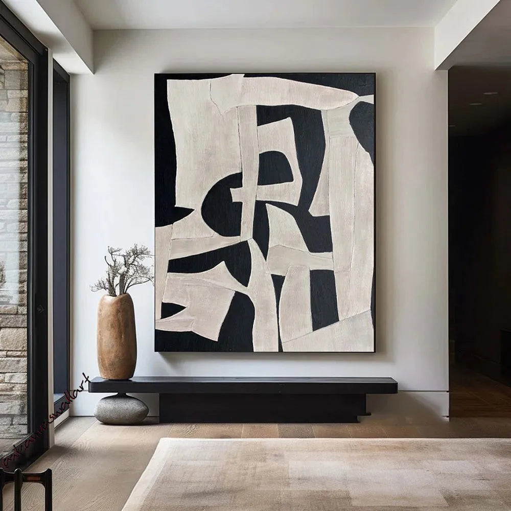 Handmade oil painting modern abstract black white texture minimalist canvas wall art rolled frameless