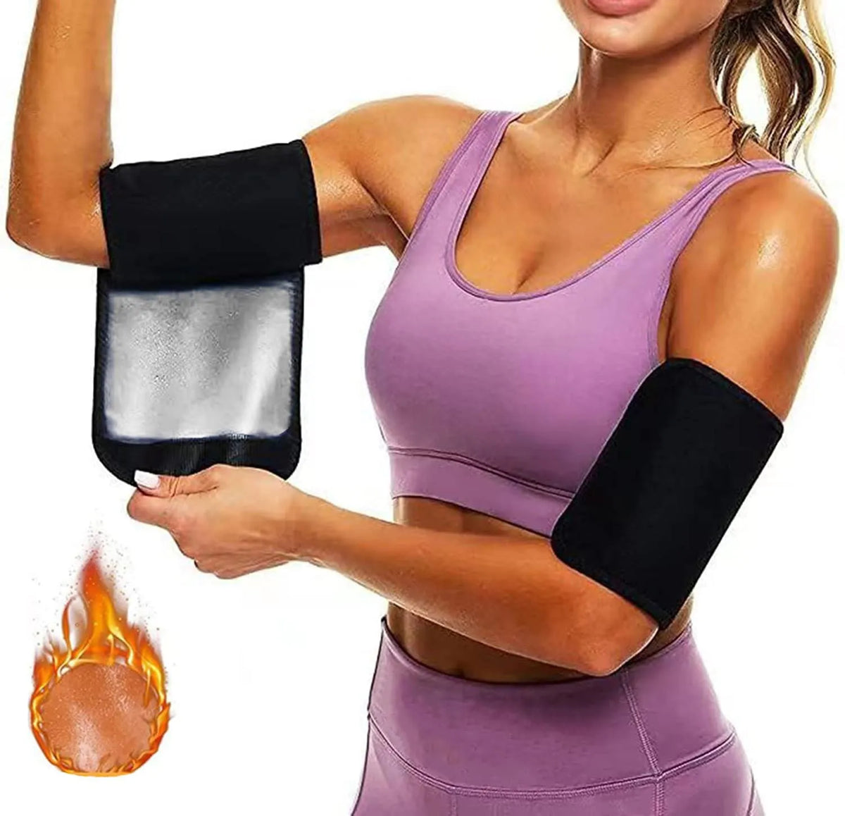 Blue and silver sports arm sweatband shown on an arm, with sizing options available.