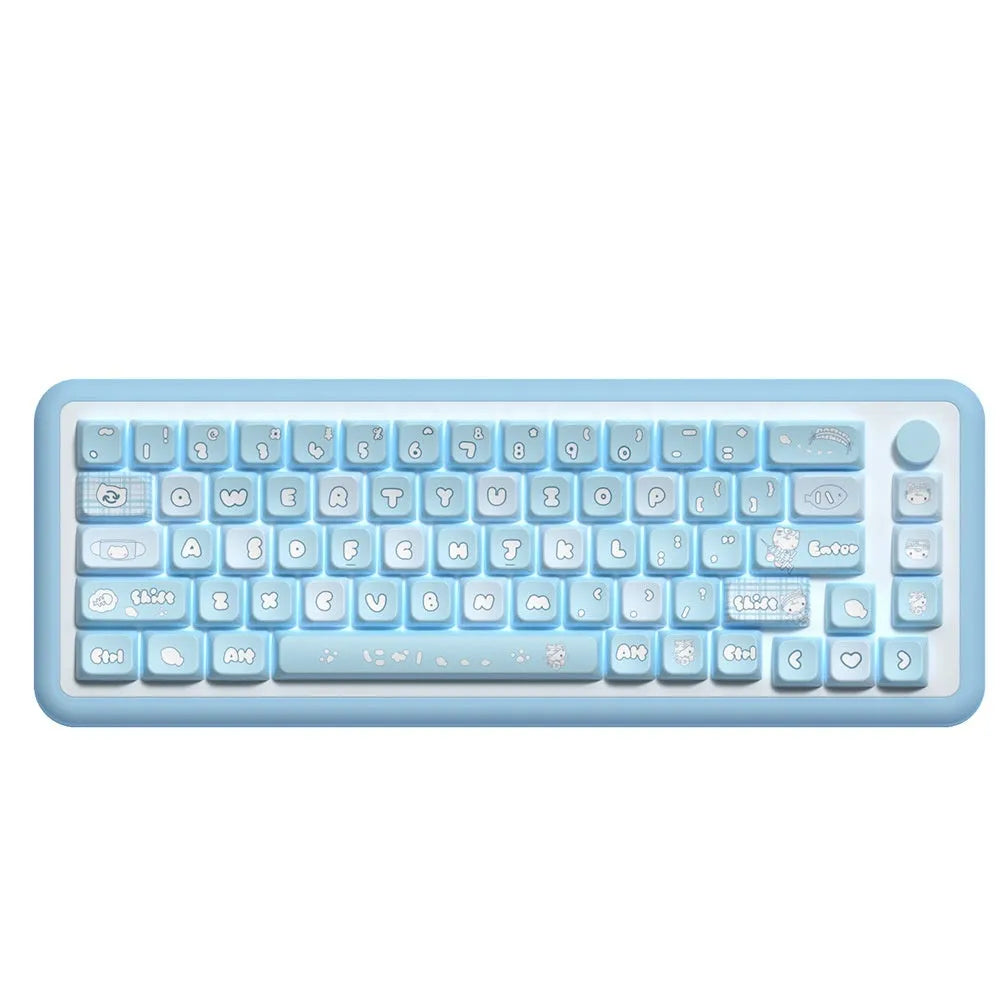 Custom watercolour kitten design mechanical keyboard keycap set with opaque legends, shown in a box.