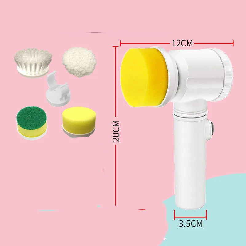 Electric kitchen cleaning brush with replaceable nylon and sponge brush heads for automatic scrubbing