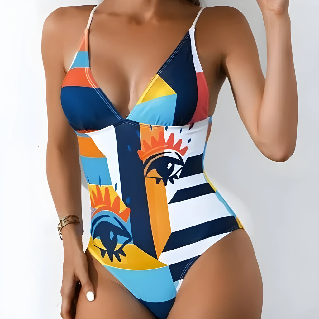 Plus size blue one-piece swimsuit with backless design on a mannequin, showing high elasticity fit.