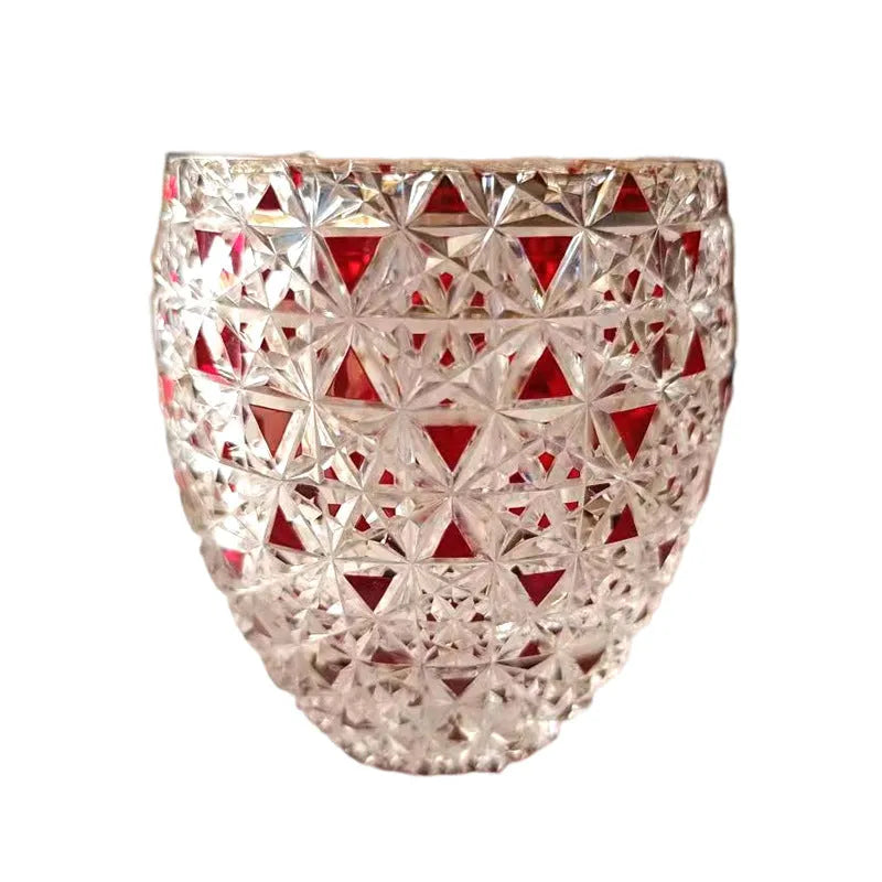 Red hand-carved crystal glass cup with Japanese Jianghu cut pattern, cylindrical shape, 201-300 ml capacity