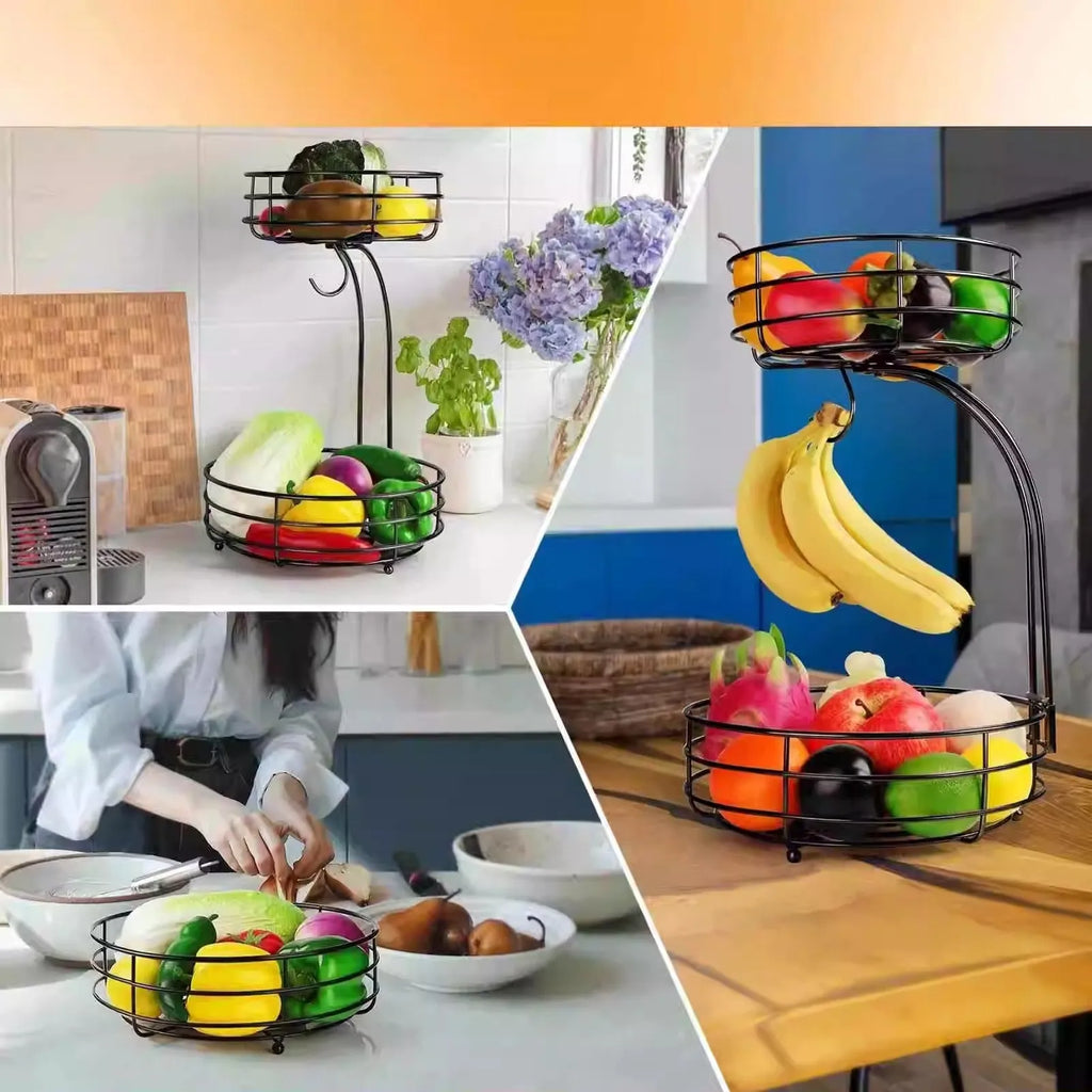 Black and gold wrought iron double-layer fruit and vegetable storage basket