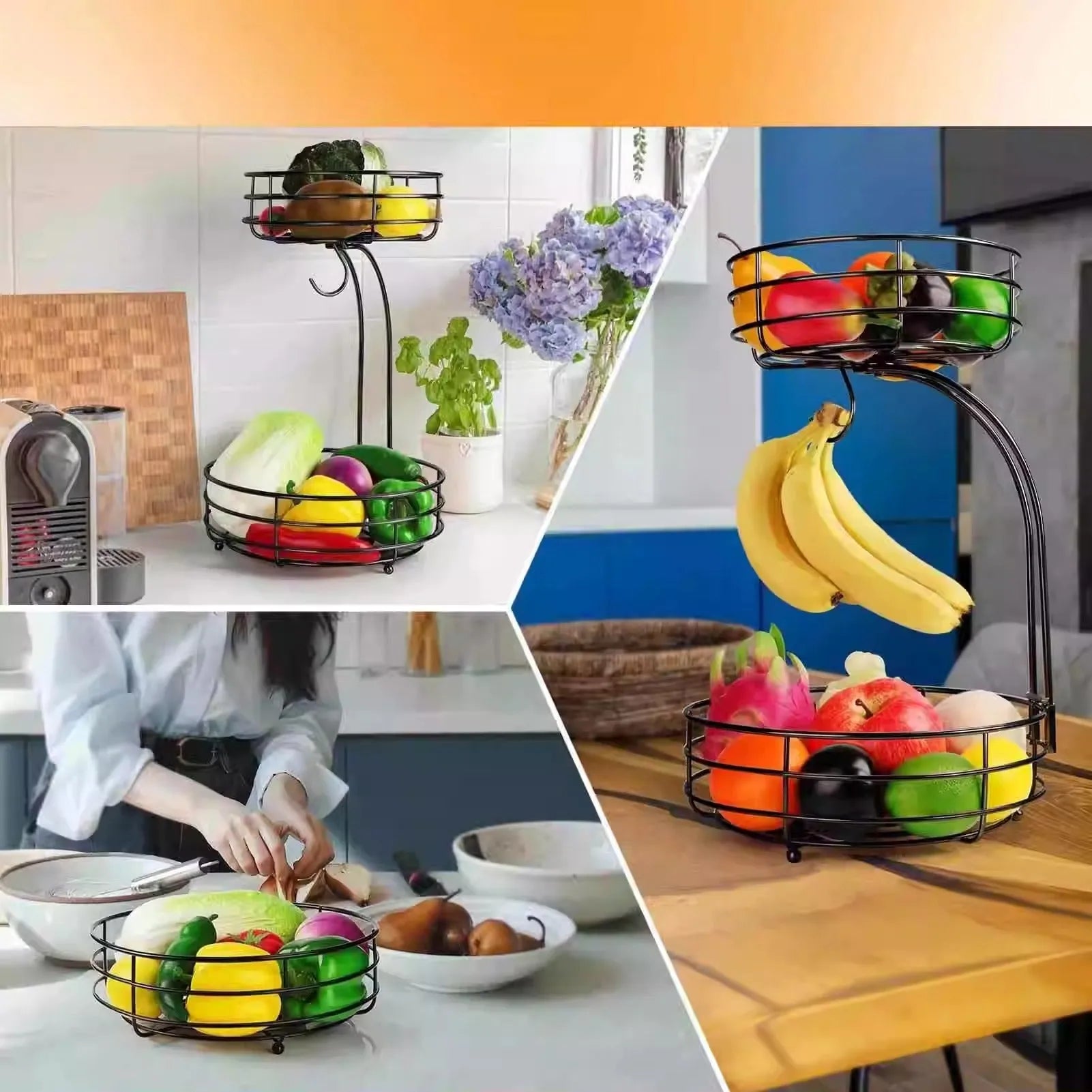 Black and gold wrought iron double-layer fruit and vegetable storage basket