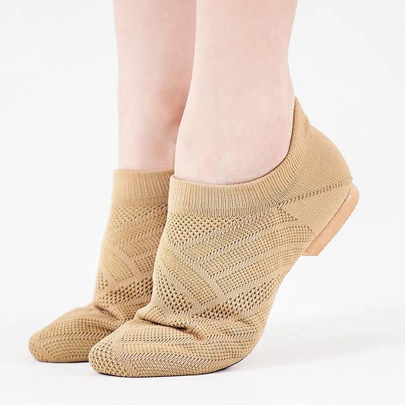 Camel coloured cotton and mesh Latin dance shoes with leather soles for contemporary yoga