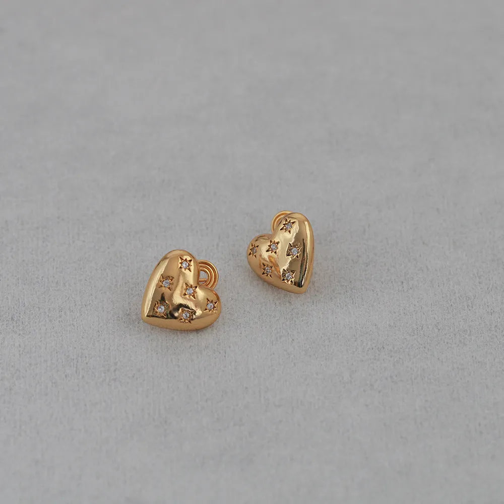 Light luxury 3D high-end copper heart earrings for women, electroplated finish, silver stud or clip style