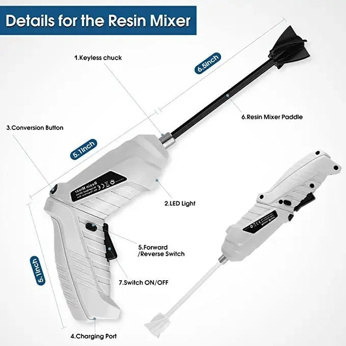 Hand-held ABS plastic epoxy resin stirrer with two mixing rods and charging cable for resin crafts