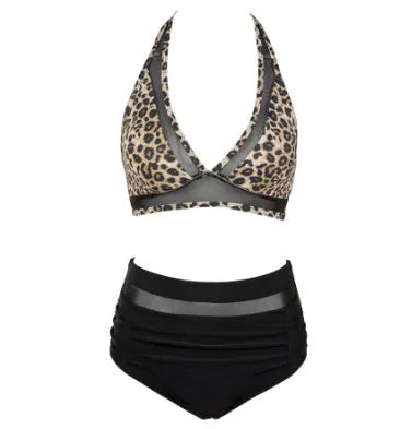 Women's black, red and leopard print two-piece bikini swimsuit set on a white background.