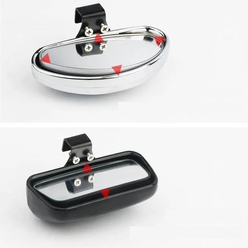Car rear view auxiliary wide angle convex mirror in black with glass surface and plastic housing for reversing safety