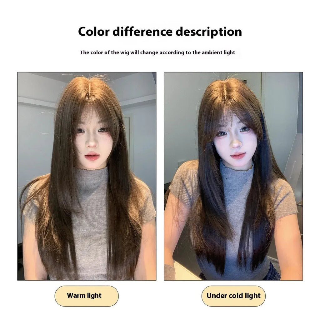 Cold brown layered long straight full-head wig for women with lace front