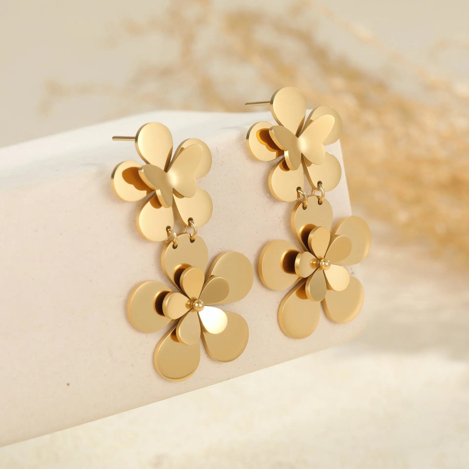 Gold flower butterfly stainless steel dangle earrings for women with 18K electroplating