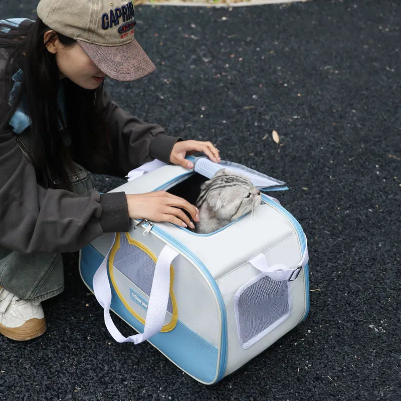 Blue foldable Oxford cloth cat carrier backpack showing large capacity and shoulder straps.