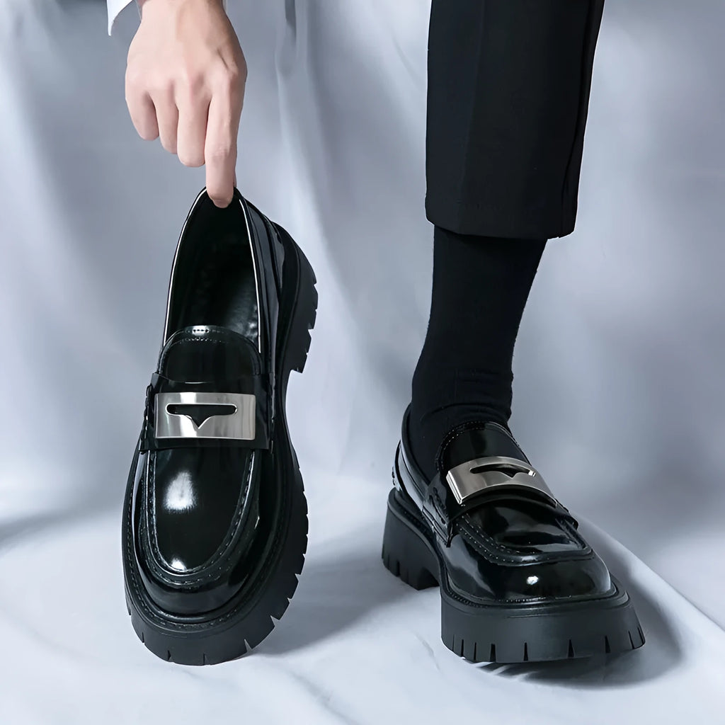 Men's glossy black platform loafers with a low hidden heel for summer wear.