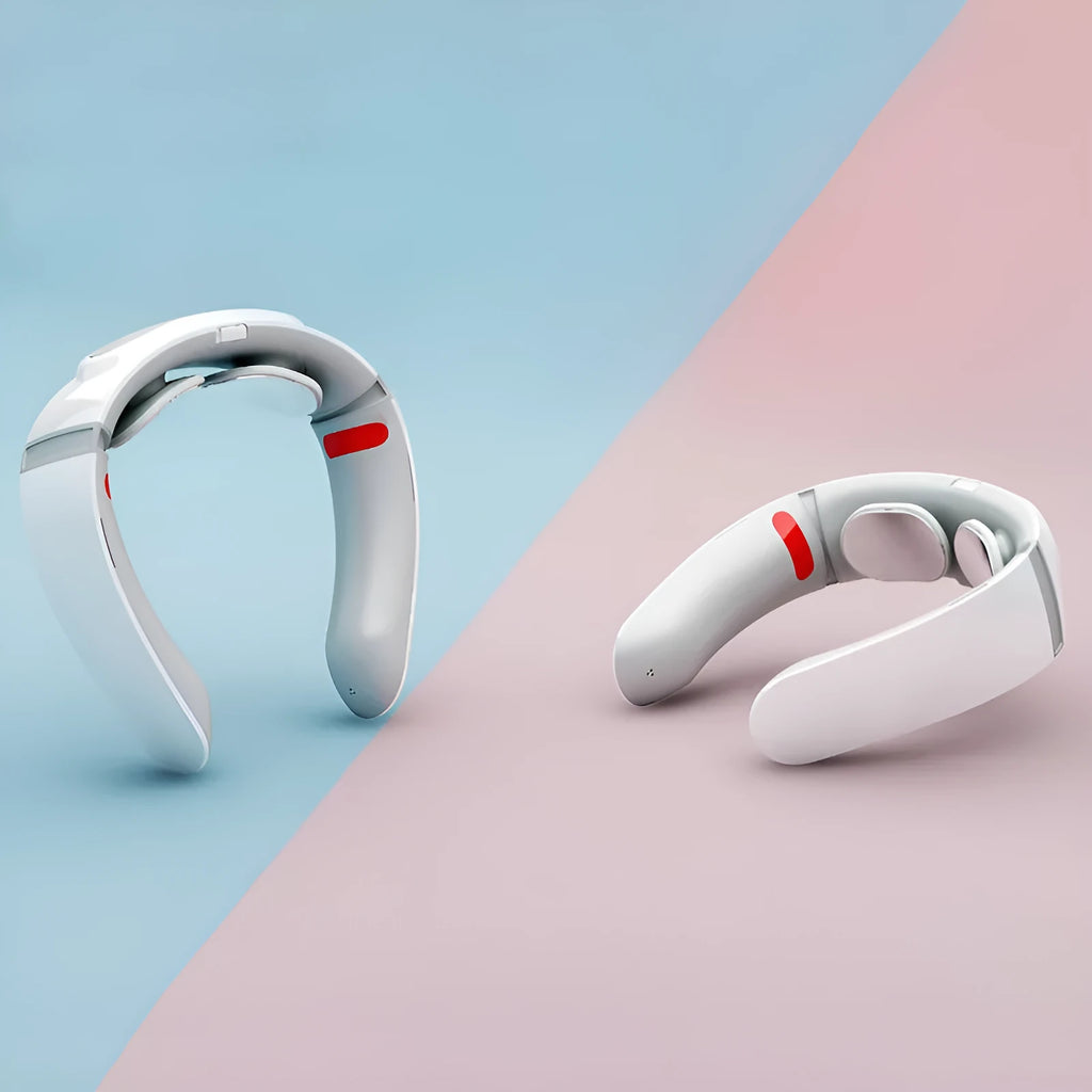 Grey white neck care massager with ergonomic design, voice control, and Bluetooth player