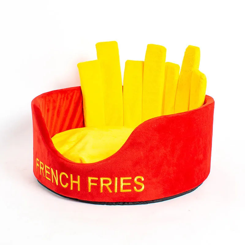 Crystal super soft velvet cat bed in French fries design with reversible cushion on white background