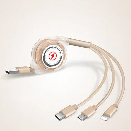 3-in-1 telescopic charging cable extended to show connectors with 120cm TPE cable and titanium alloy plugs.