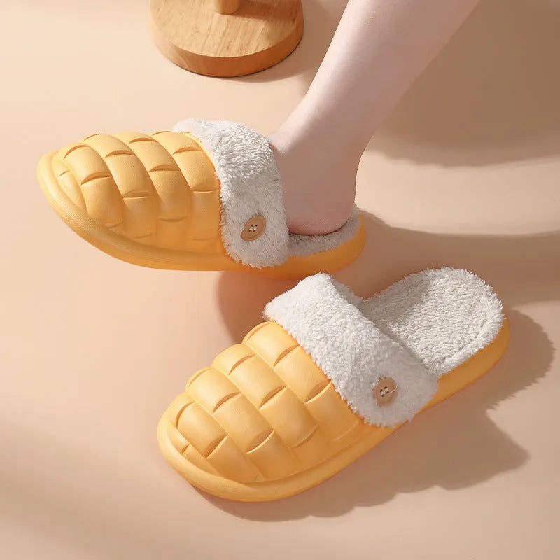 Women's detachable plaid EVA slippers with plush lining in multiple colours.