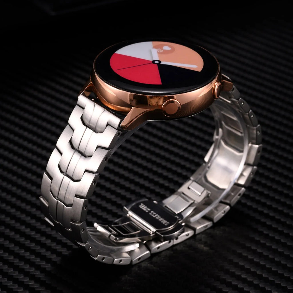 Stainless steel watch band showing silver and black colour options with universal 20mm 22mm sizing