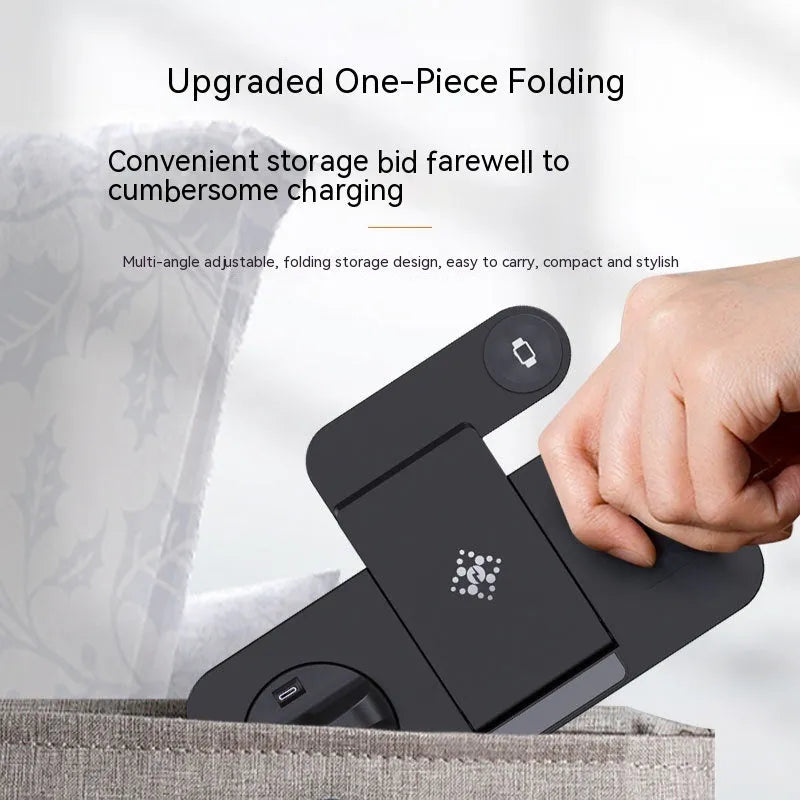 Multifunctional six-in-one foldable wireless charger in black with multiple charging pads for phone, earphone and watch