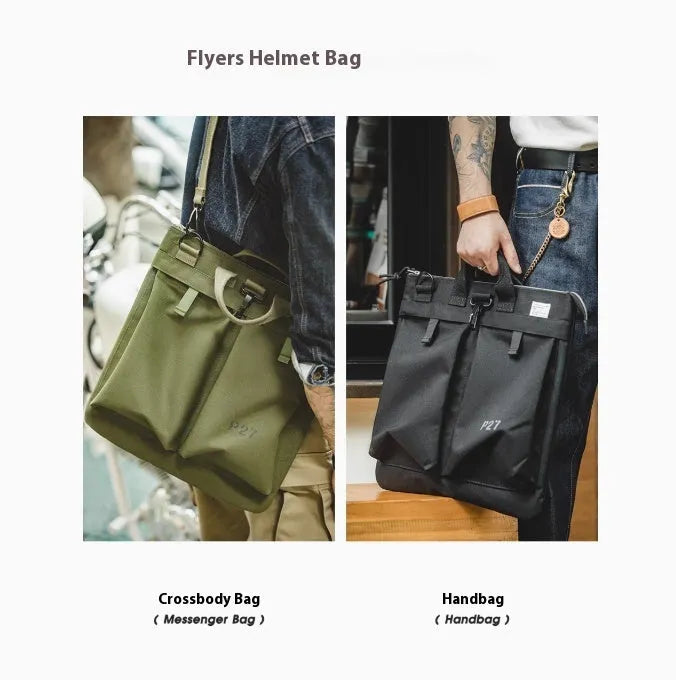 Marden Tooling medium-sized charcoal black canvas crossbody messenger bag with shoulder strap.