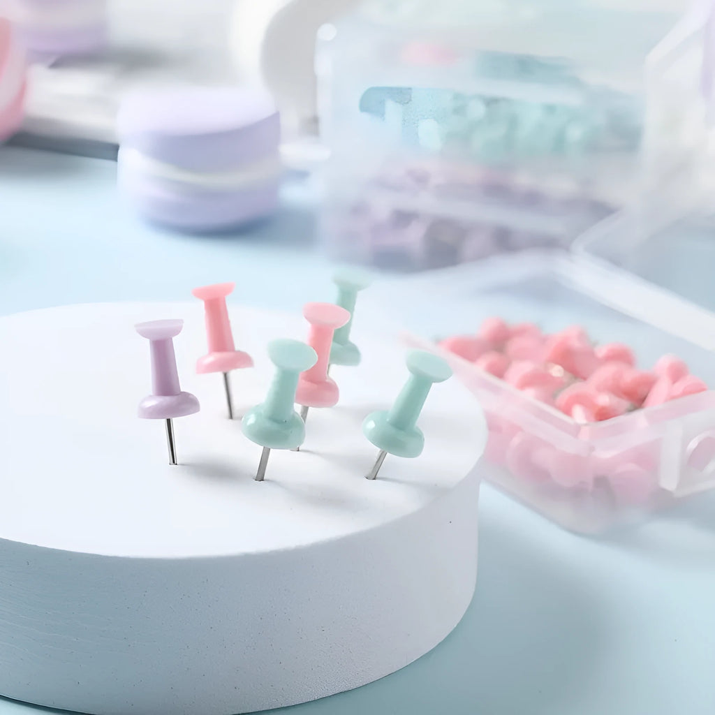 Plastic push pins in cherry blossom pink, mint green, and lavender colours, shown in large and small sizes, packaged in a box.