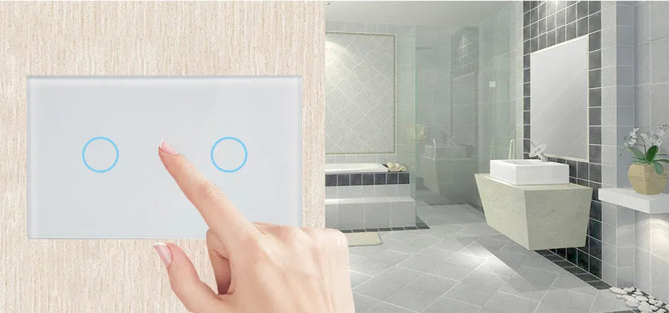 White wireless RF touch light switch with tempered glass panel showing red and blue LED indicators