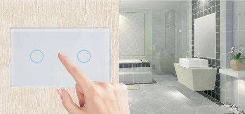 White wireless RF touch light switch with tempered glass panel showing red and blue LED indicators