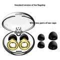 Set of reusable silicone earplugs in a metallic colour with storage case and spare ear tips.