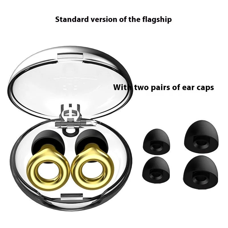 Set of reusable silicone earplugs in a metallic colour with storage case and spare ear tips.