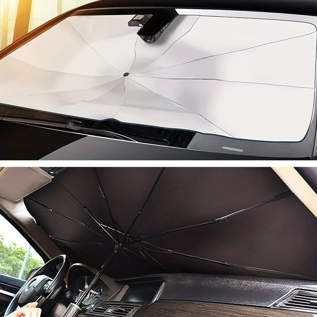 Foldable car windshield sunshade umbrella showing open and folded positions