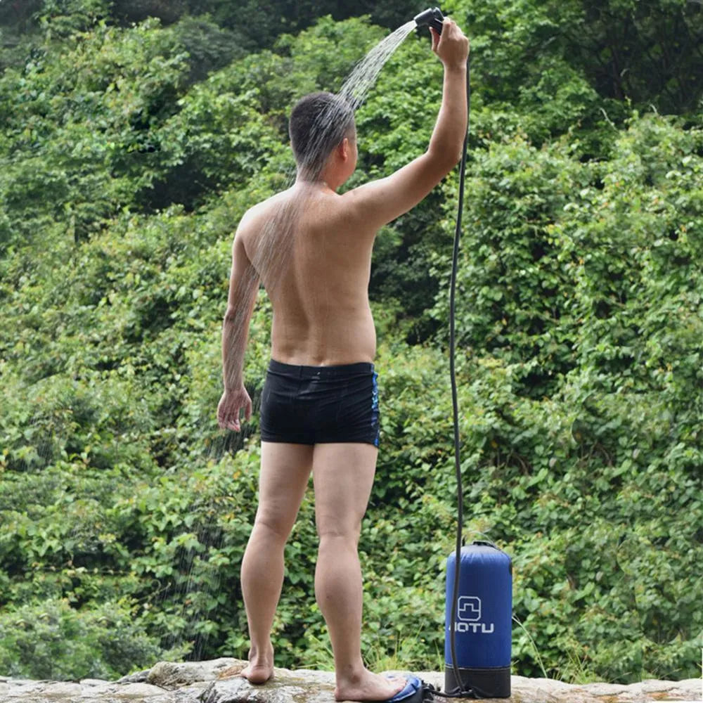 Blue portable outdoor shower bag with 11L capacity, foot pump, and 200cm hose