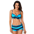 Plus size women's split swimsuit with gradient pattern in blue, adjustable straps, built-in cups, polyester fabric