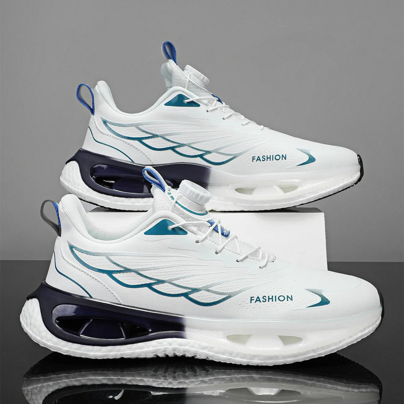 Youth low-top casual sneaker with rotating button detail on sole, shown in light blue mesh.