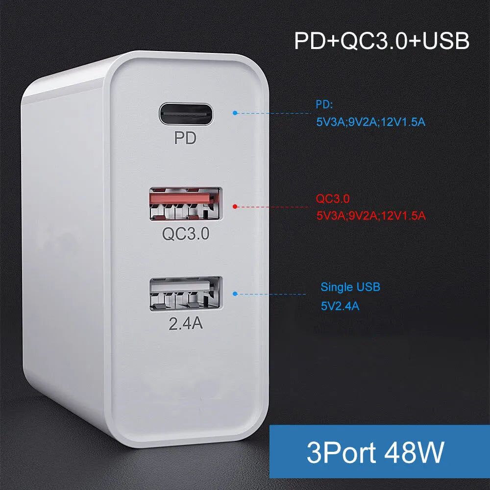 White fast charge USB wall charger with multiple ports including PD and QC