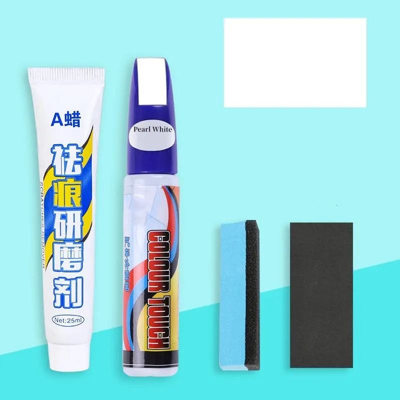Automotive paint repair pen kit with scratch removal fluid and touch-up paint in universal colours