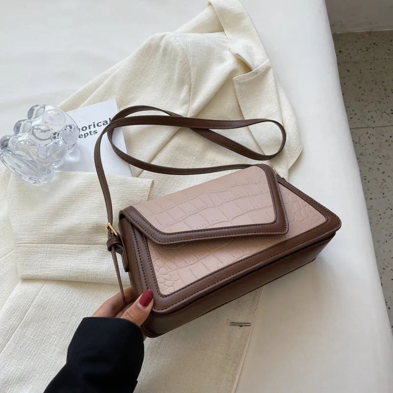 Horizontal square PU leather shoulder bag with stone pattern in black, white, khaki or creamy-white