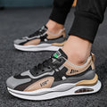 Men's grey breathable mesh running shoes with a round toe and lightweight EVA sole.