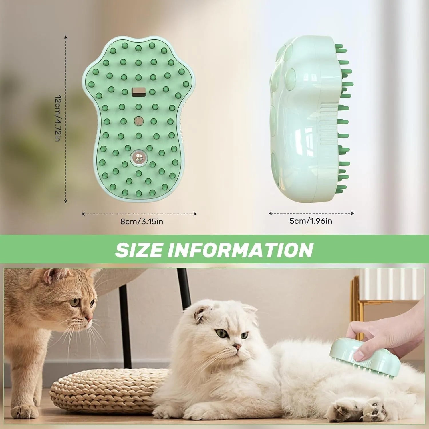 Self-cleaning cat steam brush with silicone bristles, spray nozzle, and release button in blue, green, or pink