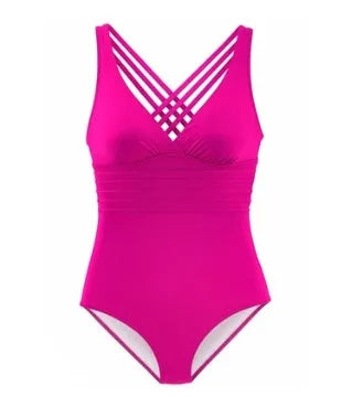 Deep V backless one-piece swimsuit with cross back, nylon, solid colour, chest pad, no steel support