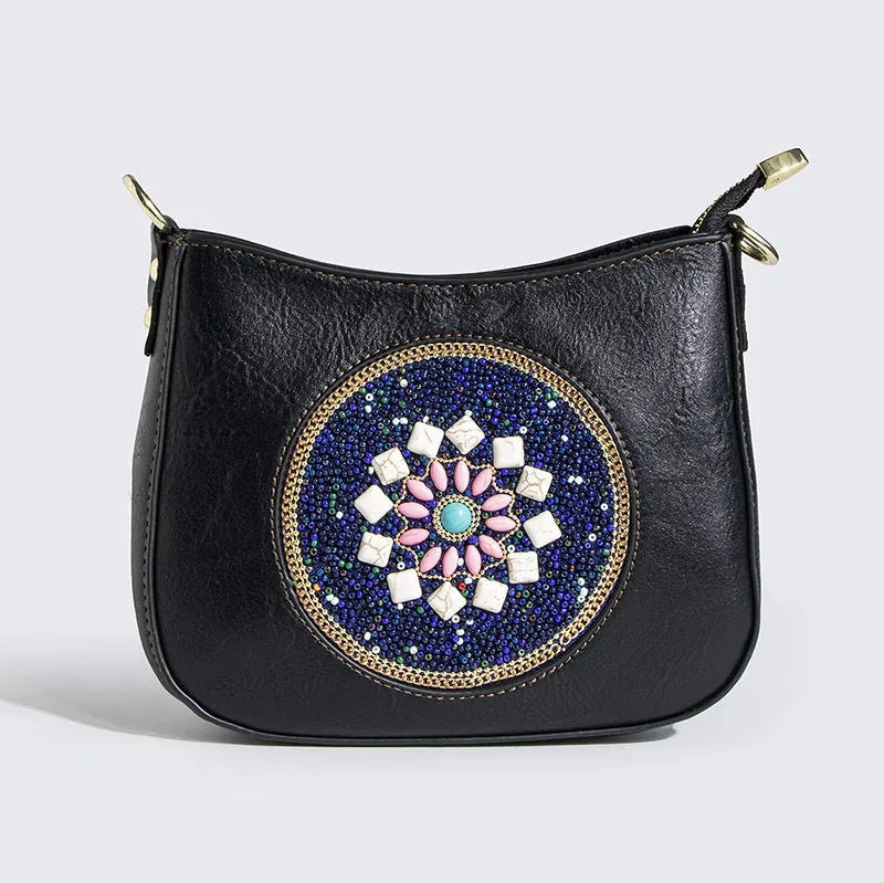 Straw bead turquoise ethnic style bucket shoulder crossbody bag with PU lining and mobile phone pocket