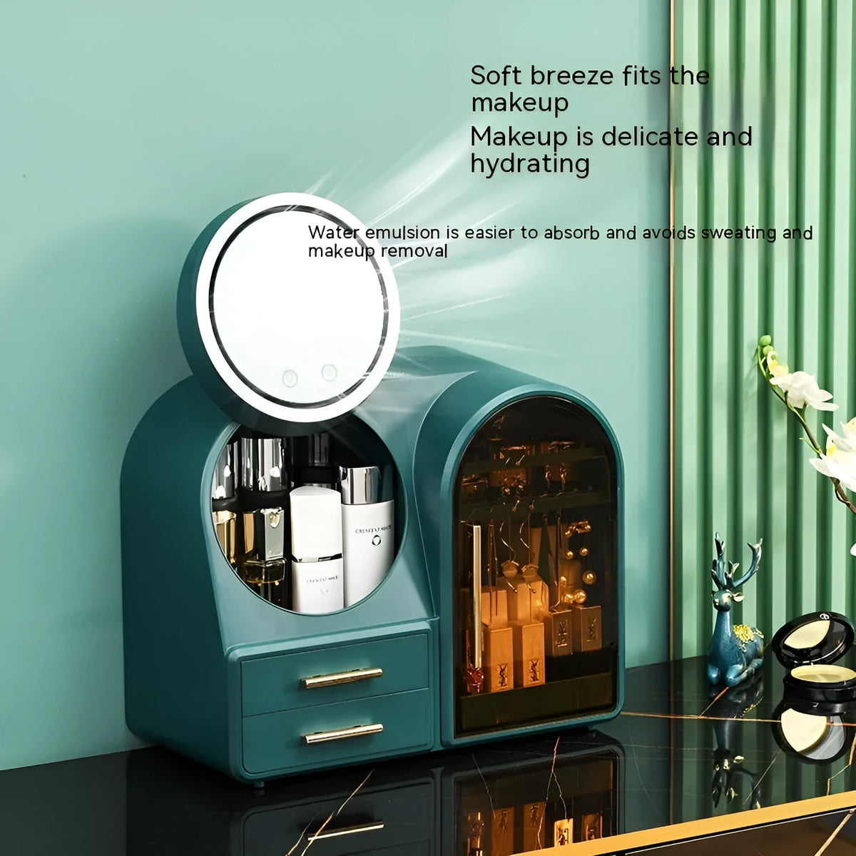 Plastic cosmetics storage rack with LED makeup mirror and soft wind fan, 35L capacity, milky white light pink or dark green
