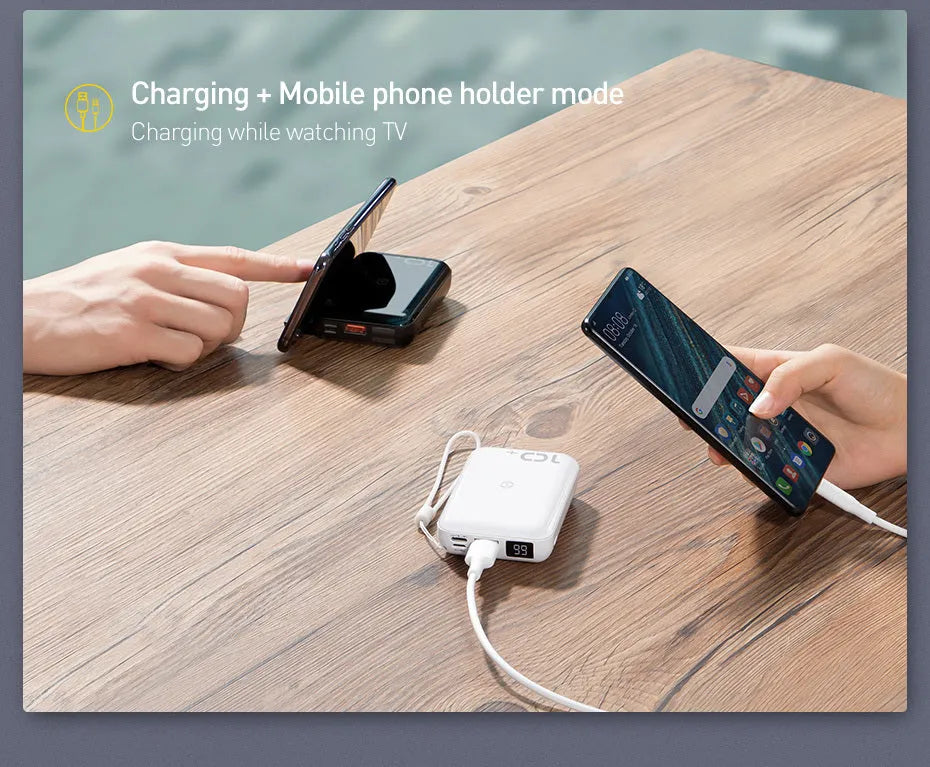 Square black wireless fast charge power bank with LED display showing battery percentage