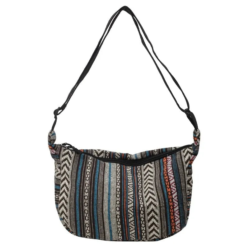 Women's ethnic style canvas crossbody dumpling bag with sewing thread details