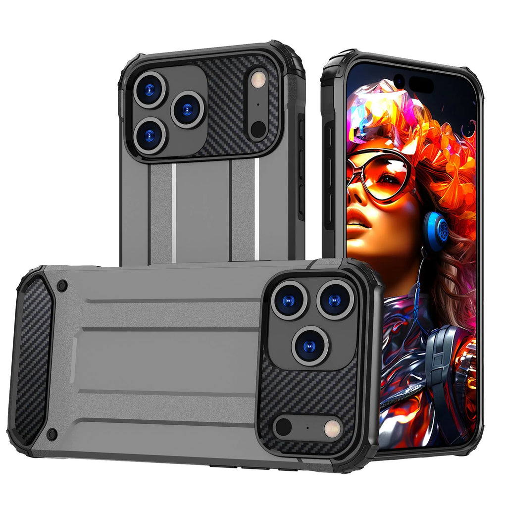 Steel Armor phone case in black for iPhone 15 Pro, showing two-in-one TPU PC design