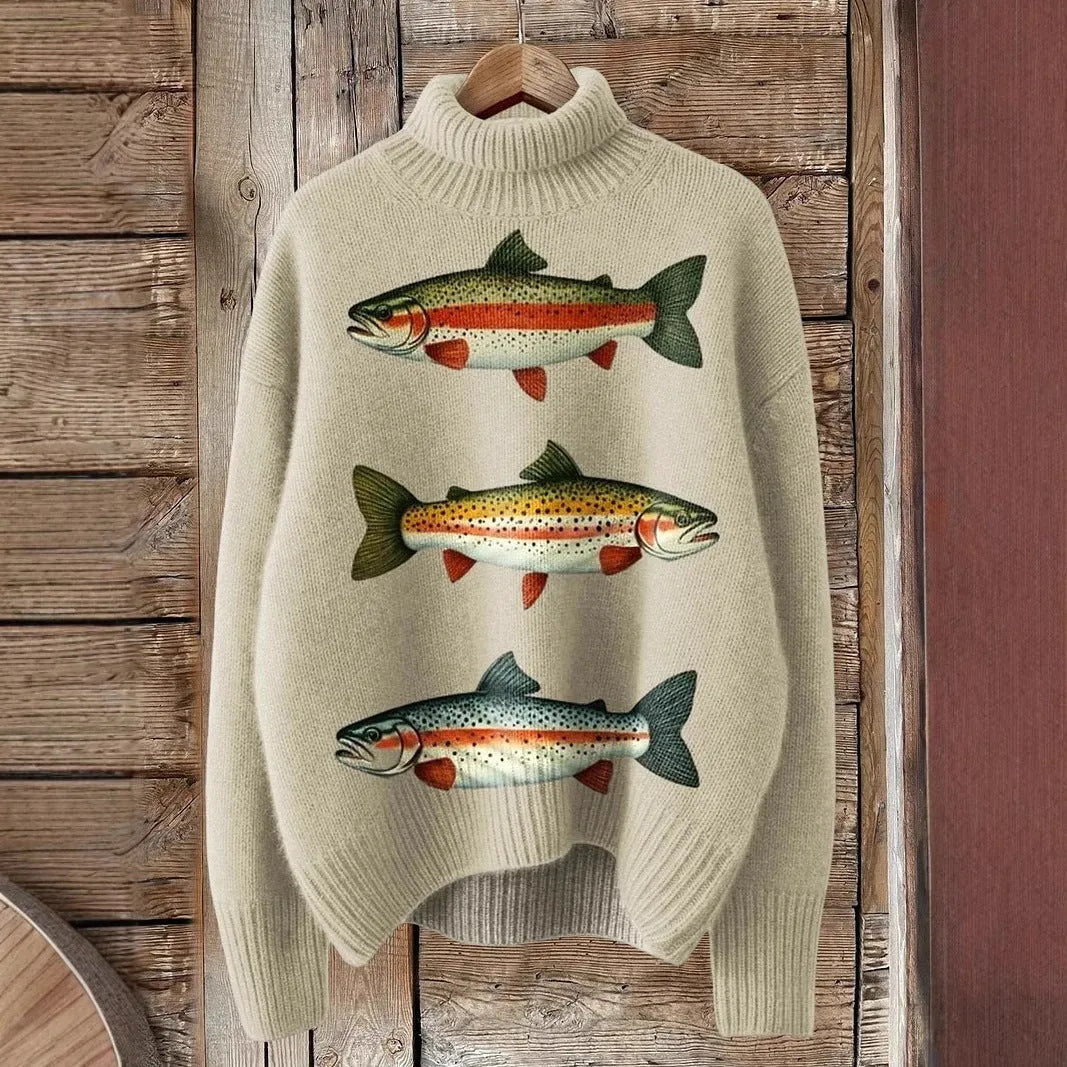 Women's Christmas printed turtleneck sweater in macaron colours with loose fit design