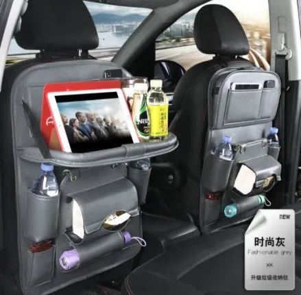 PU leather car seat back storage bag with multiple pockets and built-in trash can in various colours